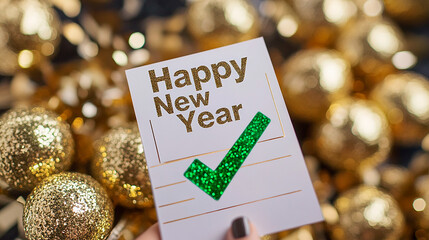 Checklist with "Happy New Year" text, green check mark next to "Yes", conceptual image for design and advertising projects	
