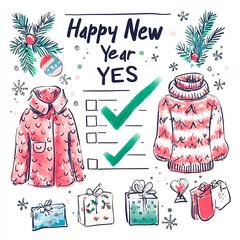 Checklist with "Happy New Year" text, green check mark next to "Yes", conceptual image for design and advertising projects	

