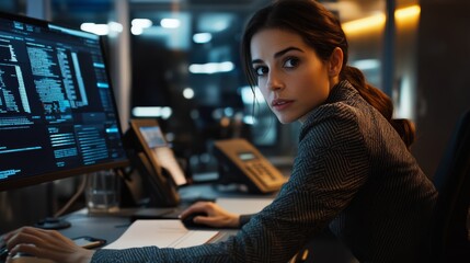 A focused woman works at a computer in a modern office, analyzing data and seemingly deep in thought, surrounded by a tech-driven environment.