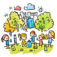 Innovative Recycling Activities in Different Locations: Engaging Scenes of Volunteers, Teens, and Children Participating in Eco-Friendly Efforts Across Parks, Beaches, Schools, and Festivals
