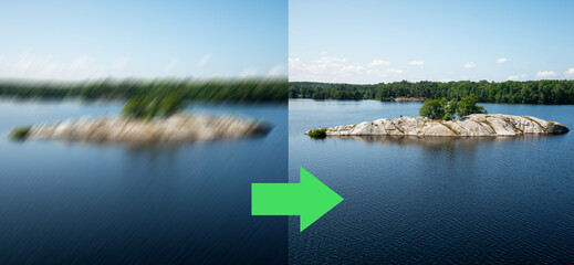 Concept of image motion blur restoration technology - blurred picture of a landscape with island on...