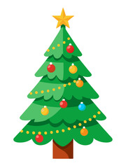 Fototapeta premium a simple illustration of a Christmas tree. The tree is green with several layers of branches, each decorated with colorful ornaments in red, yellow, and blue