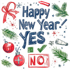 Checklist with "Happy New Year" text, green check mark next to "Yes", conceptual image for design and advertising projects	
