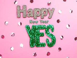 Checklist with "Happy New Year" text, green check mark next to "Yes", conceptual image for design and advertising projects	
