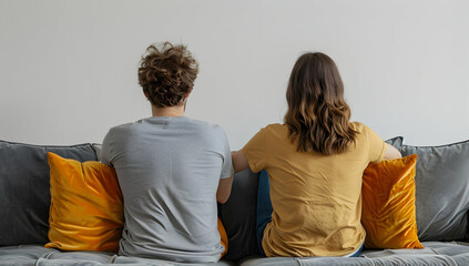 A couple sitting on a sofa, viewed from behind