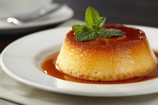 A serving of pudim de leite, a creamy caramel flan served with a drizzle of caramel sauce and a mint garnish