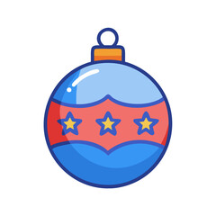 Obraz premium an illustration of a Christmas ornament. It is a round bauble with a blue top and bottom section. The middle section is red with a wavy pattern and features three yellow stars, each outlined in blue