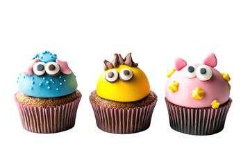 A colorful assortment of desserts, including cupcakes, teddy bears. on transparent background.