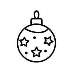 Fototapeta premium a simple black and white line drawing of a Christmas ornament. The ornament is round with a small loop at the top for hanging. It is decorated with three stars and a few small dots scattered around th