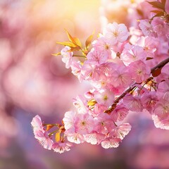 Obraz premium Pink Sakura Blossoms Reflecting Over Water in Soft Sunlight