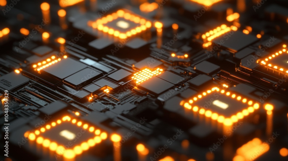 Poster abstract technological circuitry with glowing orange lights