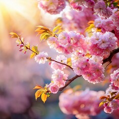 Obraz premium Pink Sakura Blossoms Reflecting Over Water in Soft Sunlight