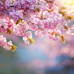 Obraz premium Pink Sakura Blossoms Reflecting Over Water in Soft Sunlight