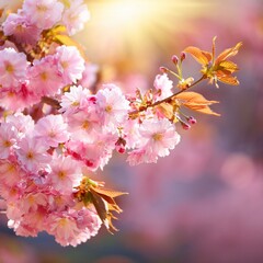 Obraz premium Pink Sakura Blossoms Reflecting Over Water in Soft Sunlight