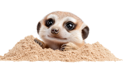 Meerkat peeking out from a sandy burrow, isolated on transparent background.