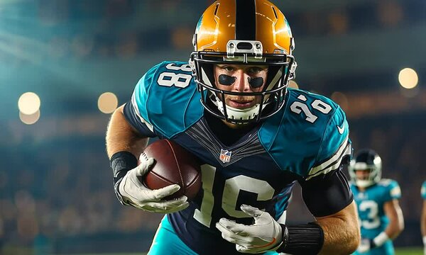 A football player in action, running with the ball on a field during a game.