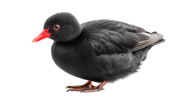 Moorhen bird with dark feathers and red beak, isolated on transparent background.