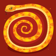 Cute yellow snake in a spiral shape, red background. New Year of the Snake, Lunar New Year or Chinese New Year. Animal zodiac cartoon character, mascot, symbol of the year. Illustration for a card.