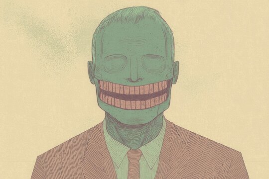 Abstract Smiling Figure with Exaggerated Mouth. A surreal illustration of a person with a wide, unsettling grin and blank eyes, symbolizing forced happiness.

