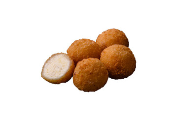 French fries balls with breaded brie or camembert cheese with sweet berry sauce