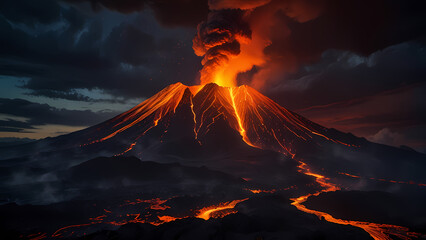 Fototapeta premium dramatic scene of a volcano erupting, with molten lava spewing from the crater, ash clouds billowing into the sky, and fiery magma flowing down the mountainside