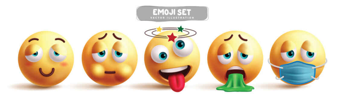 Emojis tired emoticon characters vector set. Emoji 3d character in sick, unwell, dizzy, anxiety, vomit and worried facial expression in white background. Vector illustration tired yellow emoticons 