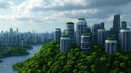 Fototapeta premium A futuristic cityscape blends seamlessly with lush greenery, highlighting sustainable architecture and eco-friendly design amidst a vibrant atmosphere.