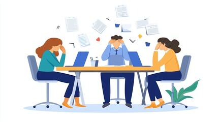A stressed meeting scene with three colleagues at a table, surrounded by flying papers and laptops, depicting workplace anxiety and collaboration challenges.