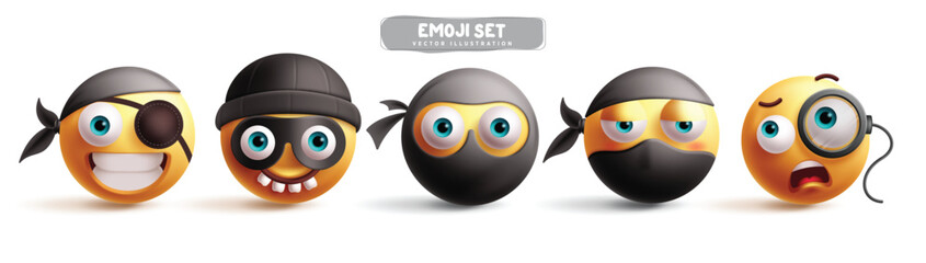 Emoji ninja characters vector set. Emojis emoticon like pirate, burglar, robber, villain and criminal wearing mask character yellow icon collection. Vector illustration emoticons ninja graphic design 