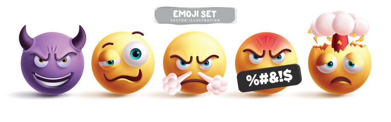 Emojis angry emoticon characters vector set. Emoji emoticon character in evil, drunk, mad, explode, tired and devil facial expression in white background. Vector illustration 3d yellow emoticons 