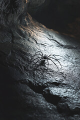 Spider scurrying across the floor of a dark cave