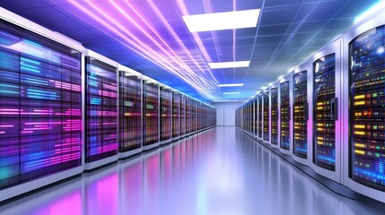 Obraz premium A futuristic data center with rows of servers illuminated by colorful lights, showcasing high-tech equipment and a sleek design.