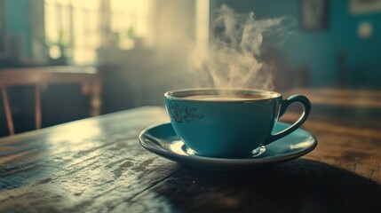 Obraz premium Steaming Cup of Coffee on a Rustic Wooden Table