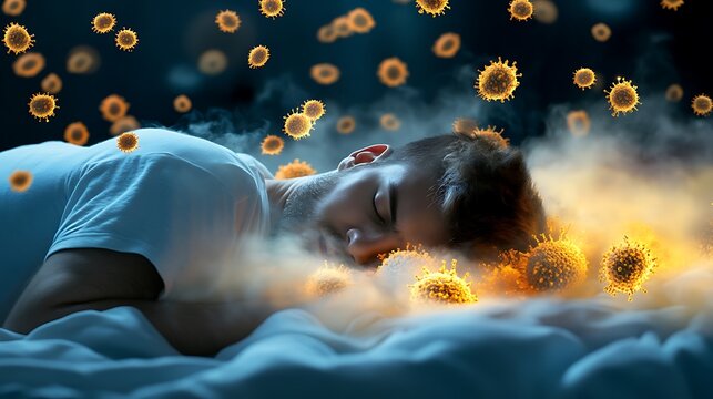 A person sleeping with a cloud of dust mite particles around them, showing how mites and allergens can be inhaled during sleep, affecting respiratory health.