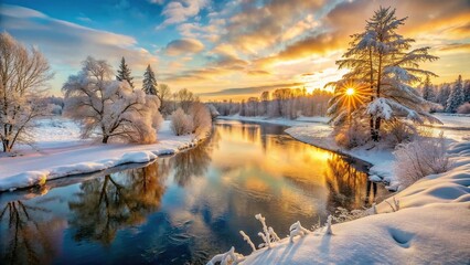 Fototapeta premium Tilted angle winter landscape with sunset over a river snow covered trees