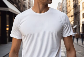 Clean white t-shirt mockup placed on a young fashionable man in an urban environment, on the street among buildings.
