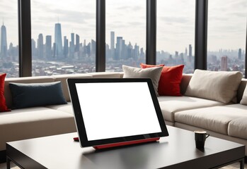 A clean white tablet mockup with a detailed online map of a busy city displayed on the screen. The tablet rests on a coffee table in a modern living room with large windows overlooking the cityscape