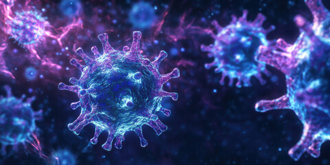 Vibrant microscopic view of viruses showcasing intricate structures and glowing colors, representing complexity of viral life