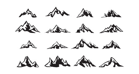Silhouette mountain set with grunge textures vector template. Mountains and Hills icon collection for logo, adventure, stickers, and prints.