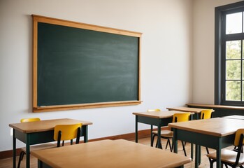 Clean white mockup of classic wooden school chalkboard with slightly textured surface. Traditional classroom with desks, chairs and bookshelf