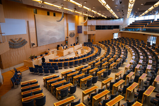 Stockholm, Sweden - September 17, 2024: Riksdag of Sweden, plenary hall, seat of the parliament of Sweden, interior view
