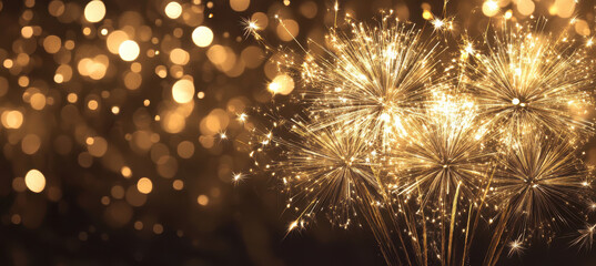Fototapeta premium Golden fireworks burst against shimmering background, creating festive atmosphere filled with joy and celebration. sparkling lights enhance excitement of special occasions