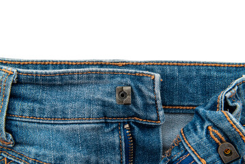 Piece of torn denim on a white background. Denim texture