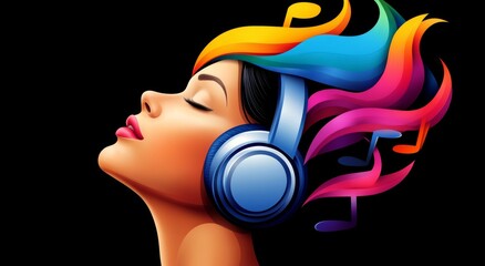 Woman with colorful hai, headphones on her head. She is listening to music. beautiful woman with headphones, colorful musical notes flowing from her hai, eyes closed in joyous listening to the music