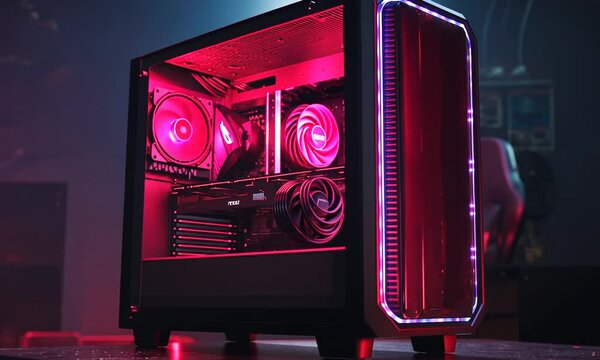 A sleek gaming PC with RGB lighting showcasing its internal components.