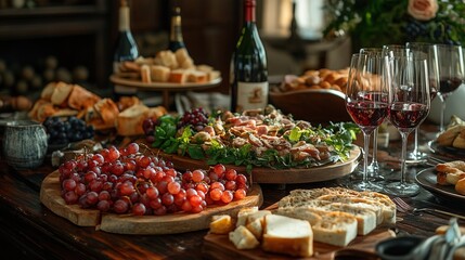 Elegant dining table with a lot of appetizers such as wine and grapes