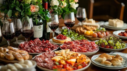 Obraz premium Elegant dining table with a lot of appetizers such as wine and grapes