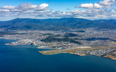 Aerial view of Matsuyama, Ehime, Japan on a clear day