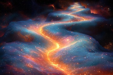 Naklejka premium Magical cosmic river flowing through a vibrant celestial landscape at night