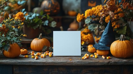 A festive autumn display featuring pumpkins, candy corn, and a blank card for personalization.